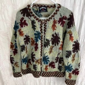 Lost Horizons Woman’s Vintage Hand Knit Leaf Pattern Baggy Wool Cardigan Size M